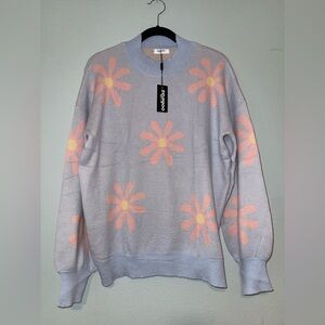 Women's Sweater - Light Blue with Pink Floral Design NWT Size L
